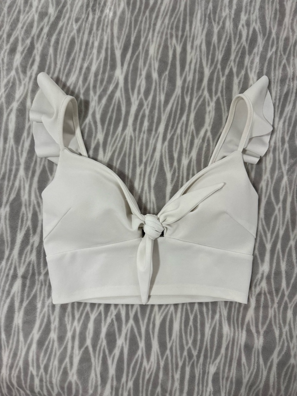 Women’s White Tie-Front Ruffle Strap Crop Top